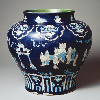 三彩楼閣人物図大壺（法花）